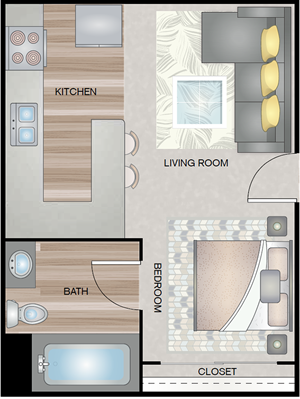 One Bedroom / One Bath - 390 Sq. Ft.*